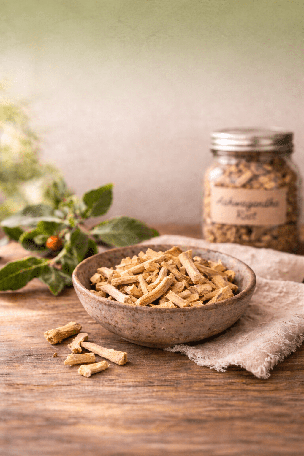 Ashwagandha root in bowl and jar