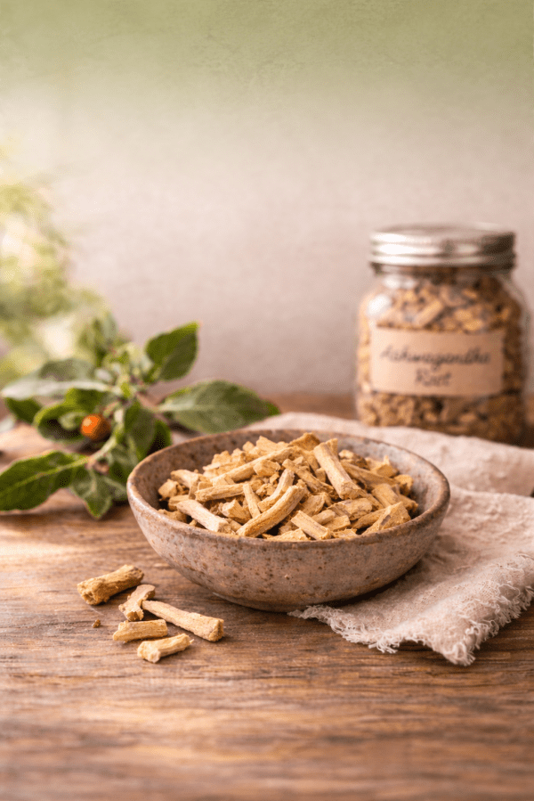 Ashwagandha root in bowl and jar