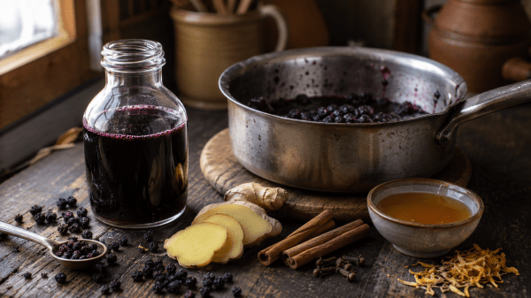 Elderberry syrup in bottle, near a pot of just crushed elderberries.