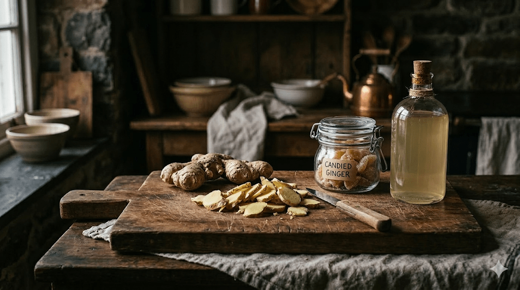 Sliced ginger on a wood cutting board with ginger syrup and candied ginger in a jar.