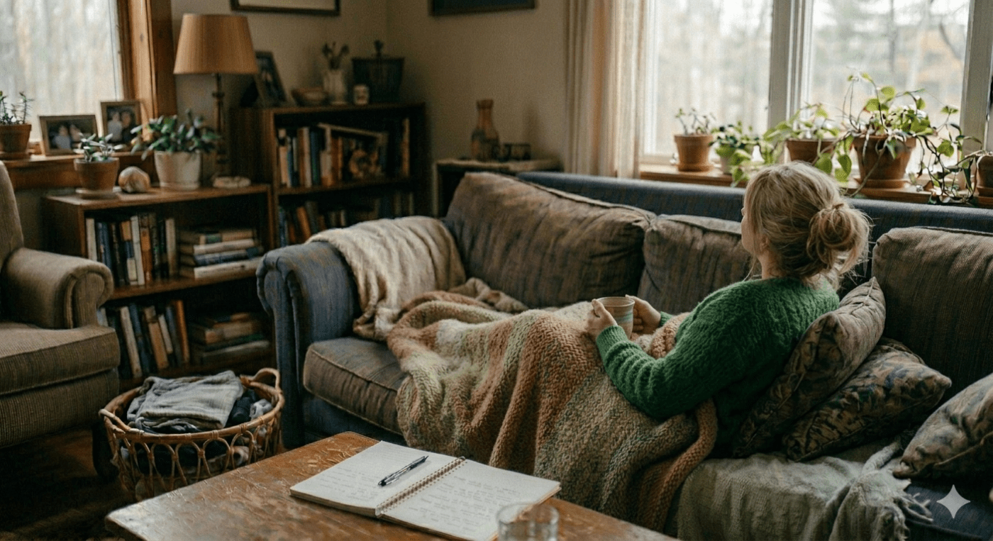 Woman relaxing on couch after completing housework and writing her thoughts down.