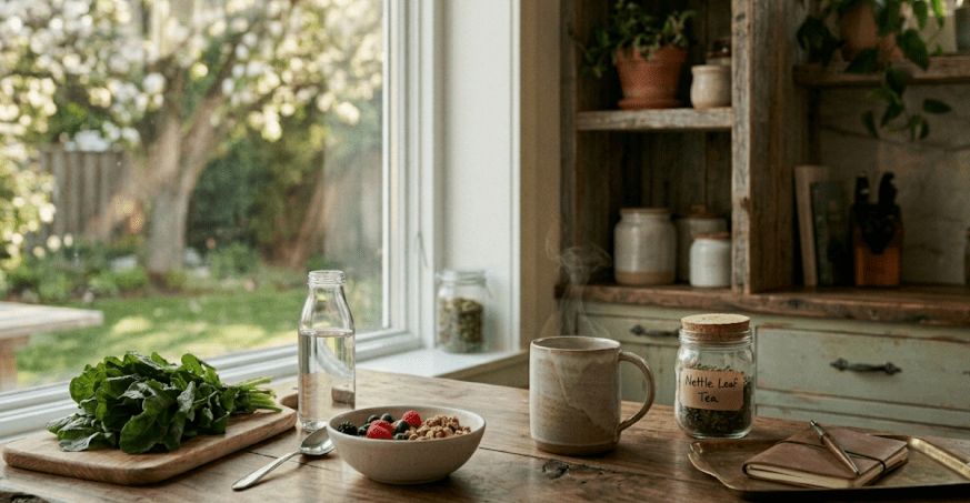 Kitchen scene with nettle tea, dried nettle, fresh green herbs, and a bowl of oatmeal with berries on a counter. A rustic, calm feel with a notebook and pen to capture thoughts.