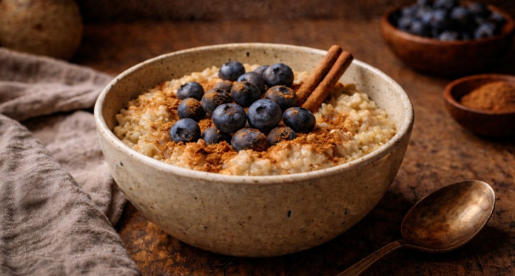 Bowl of oatmeal with cinnamon and blueberries.