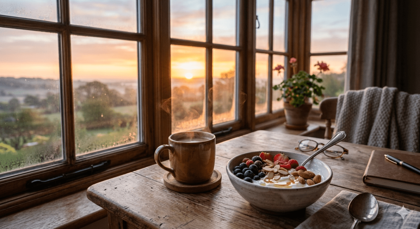 Bowl of yogurt with fruit and nuts on a table with a cup of coffee near a window with the sunrise in the background.