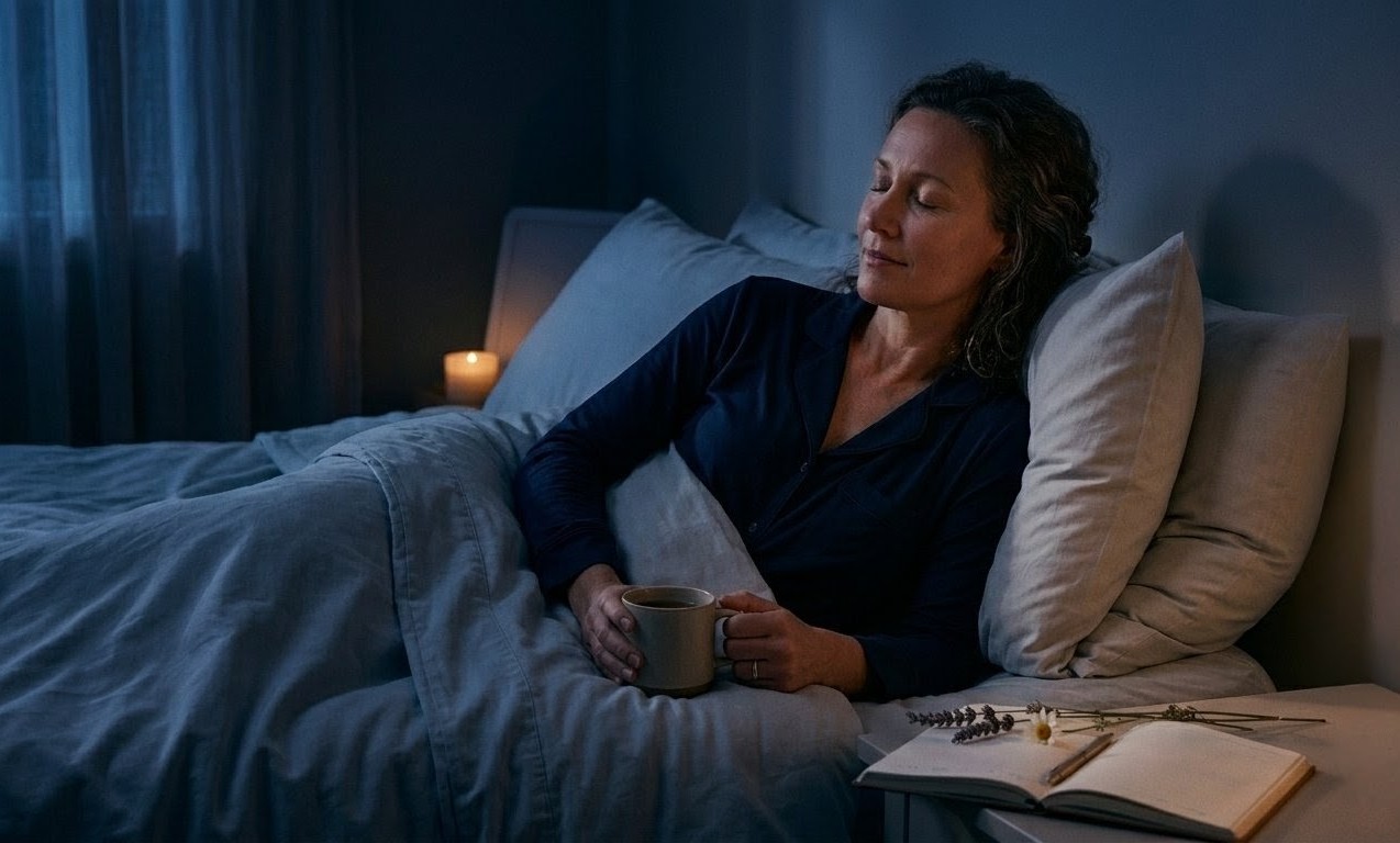 Woman lying in bed, peaceful, before falling asleep.