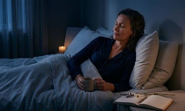 Woman lying in bed, peaceful, before falling asleep.
