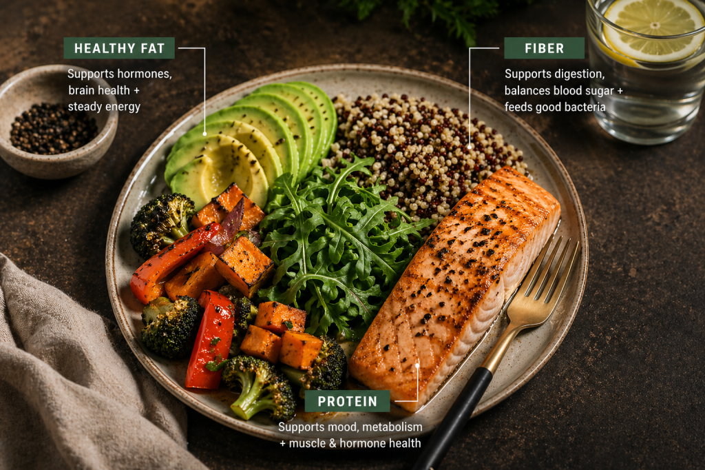 A healthy balance - the holy trinity of protein, fat and fiber to keep blood sugar stable. salmon, avocado slices, grains and veggies on a plate.