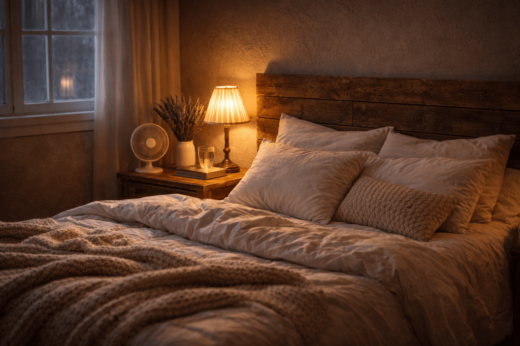 A calming bedroom scene, conducive to sleep. Lots of pillows and blankets, a fan nearby for hot flashes.
