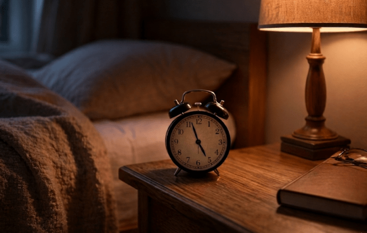 Morning, alarm clock on bedside table reads 455... Calm feeling.