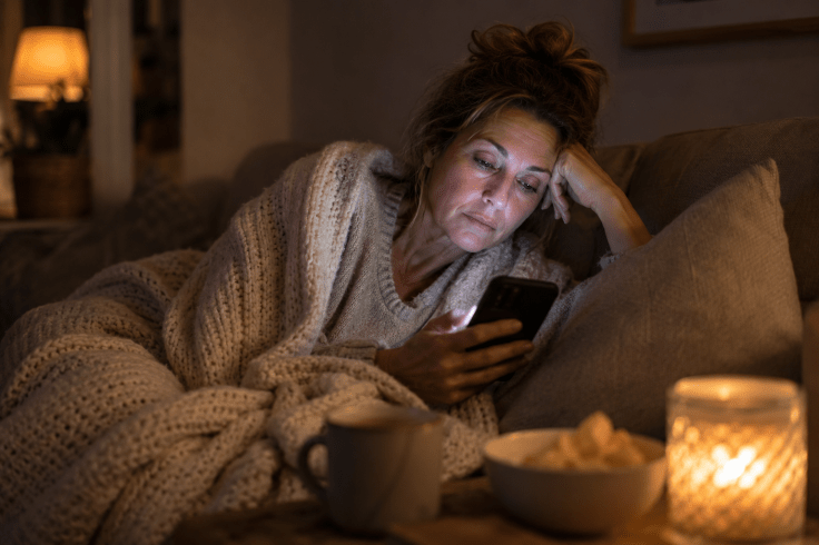 Woman scrolling on cell phone in bed, looking stressed.