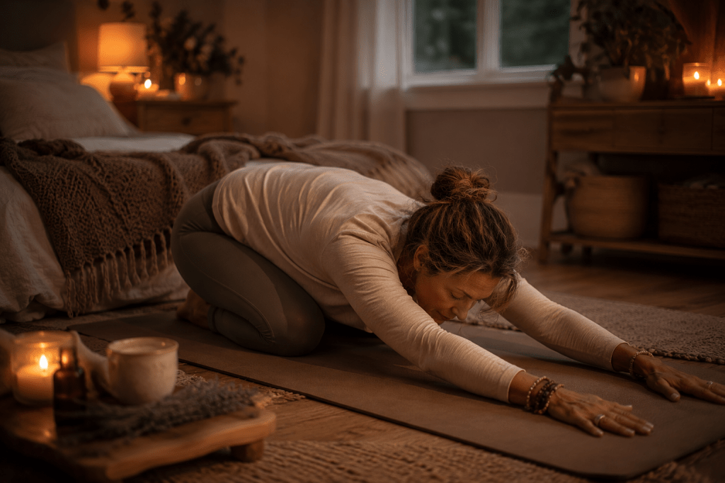 Woman in childs pose on bedroom floor as part of a nightly ritual for a restful sleep.