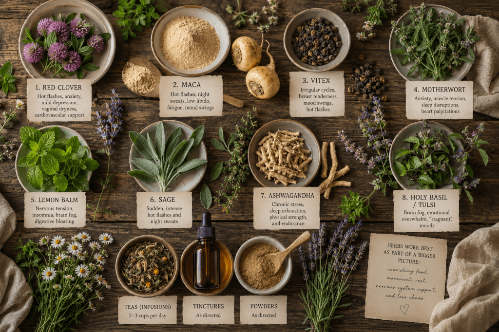 The perimenopause herbs discussed in the post laid out on a table, labeled with primary uses.