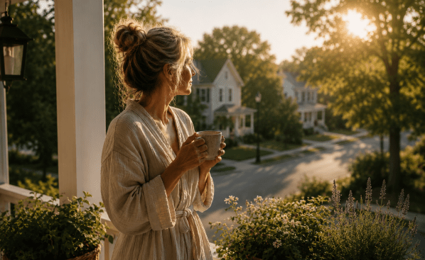 Woman outside in bathrobe, holding a cup of coffee shortly after sunrise, gazing off into the distance.