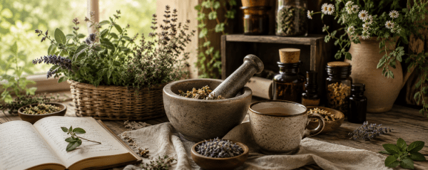 A calming scene with dried herbs on a table, and a lovely mortar and pestle being used to prepare a tea.