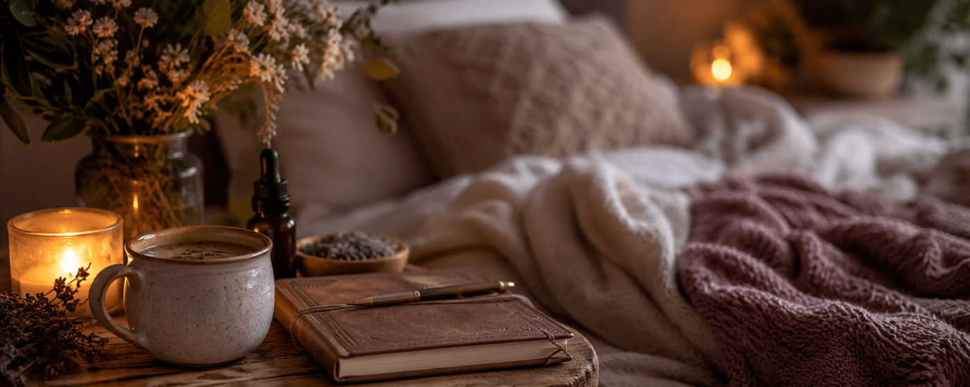Soothing bedroom scene, with candles, a journal, and herbal tea - getting ready for bed.