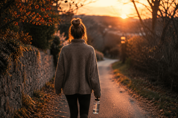 Photo of woman walking with a water bottle at sunset.