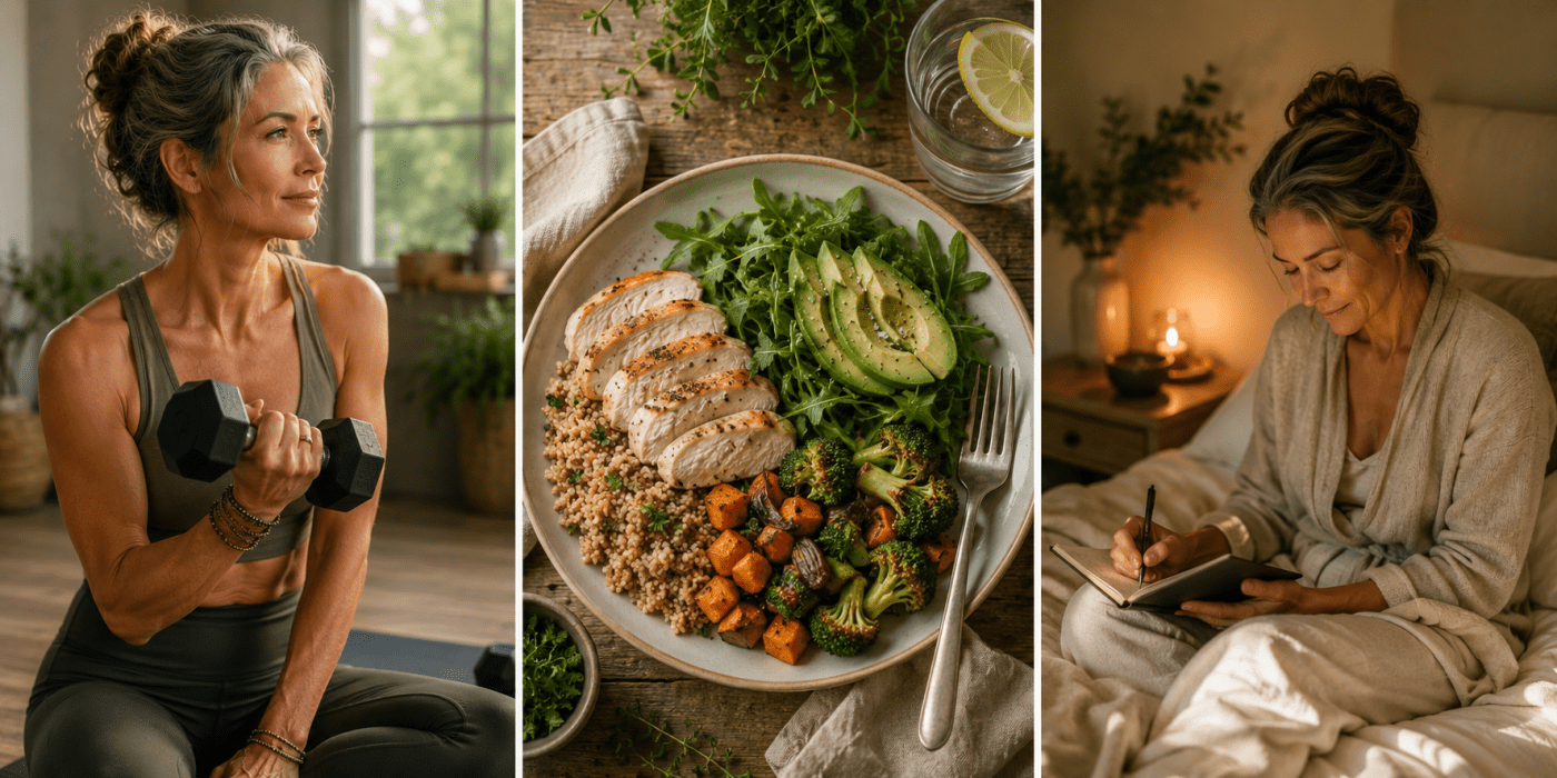 Collage trio - midlife woman lifting weights, nature with chicken and vegetables in the center and then a woman peacefully performing a sleep ritual on the right.
