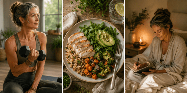 Collage trio - midlife woman lifting weights, nature with chicken and vegetables in the center and then a woman peacefully performing a sleep ritual on the right.