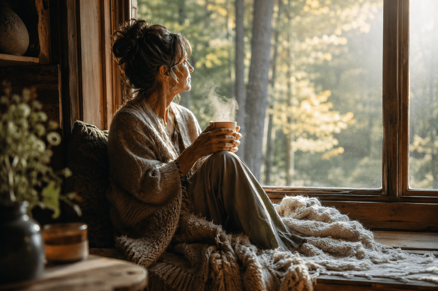 Woman sitting in window seat, holding a cup of tea.
