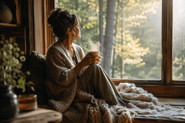 Woman sitting in window seat, holding a cup of tea.