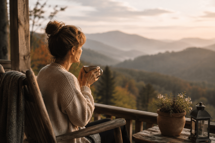 A woman on a porch looking out at mountains. Coffee in hand.