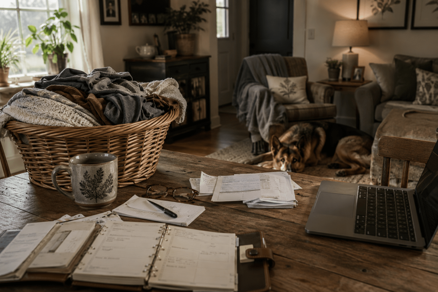 A cluttered living room, laptop, bills, to do list on table, dog in background waiting for attention.