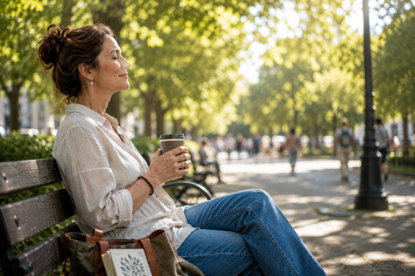 A woman paused for a moment on park bench, sipping a cup of tea.