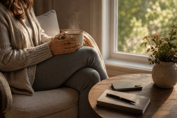 A photo of a woman sitting in a chair, holding a steaming cup of tea.