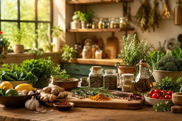 Bright, colorful anti-inflammatory herbs, spices, fruits and vegetables.