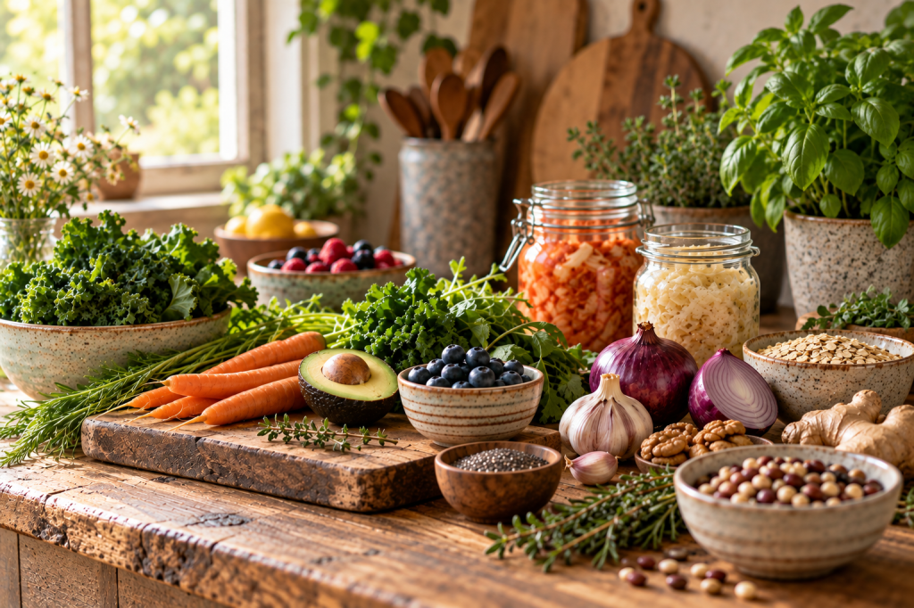 An array of fresh produce including kale, carrots, garlic, onion, ginger, and berries on a wooden counter.