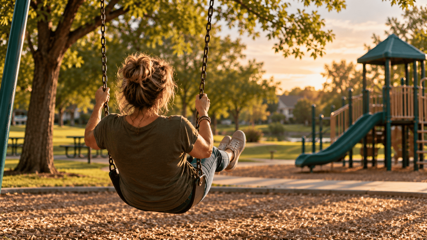 A photo of a middle-aged woman swinging on swings.