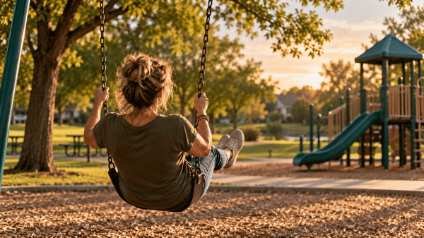 A photo of a middle-aged woman swinging on swings.