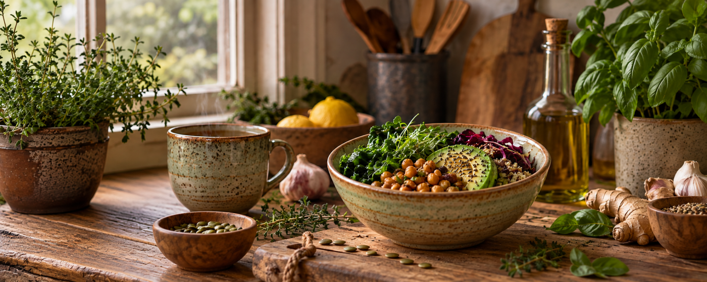 A bowl of quinoa with greens, beans, and avocado sprinkled with chia seeds.