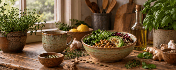 A bowl of quinoa with greens, beans, and avocado sprinkled with chia seeds.