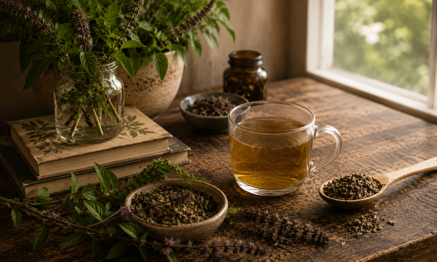 Dried Tulsi and fresh tulsi sprigs scattered on a table around a cup of tulsi tea