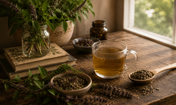 Dried Tulsi and fresh tulsi sprigs scattered on a table around a cup of tulsi tea