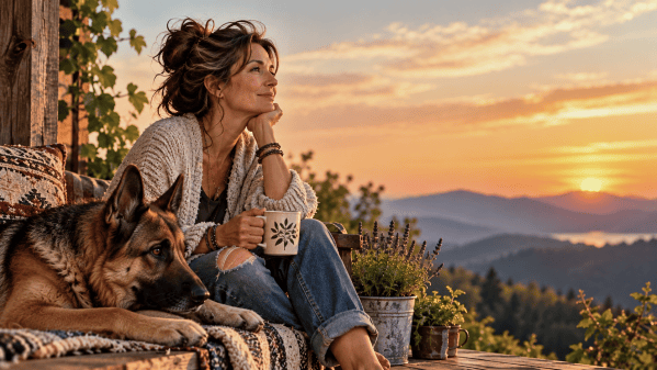 A woman beside her dog, enjoying a cup of coffee with a content, amused expression on her face.